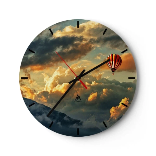 Zegar ścienny - Balon unoszący się wśród chmur przy zachodzie słońca - 30x30cm - Lecę, bo chcę - Nowoczesna dekoracja ścienna do salonu, kuchni i sypialni ARTTOR
