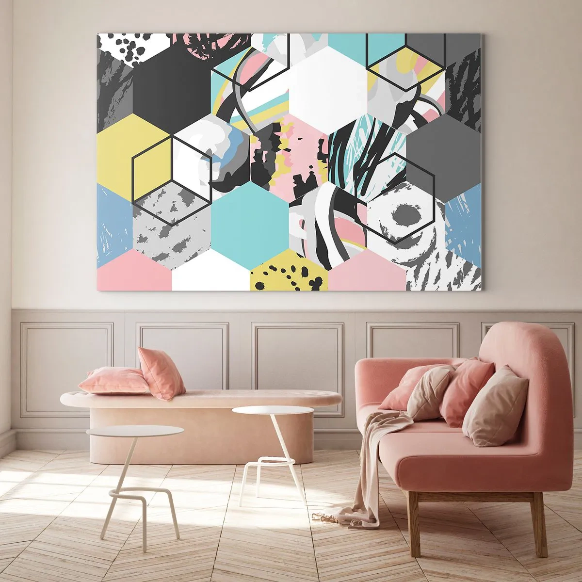 Obraz na szkle - Kolorowe sześciany i sześciokąty w nowoczesnej kompozycji - 70x50cm - Sześciokąty i sześciany w sześciu barwach - Nowoczesna dekoracja ścienna do salonu i sypialni ARTTOR