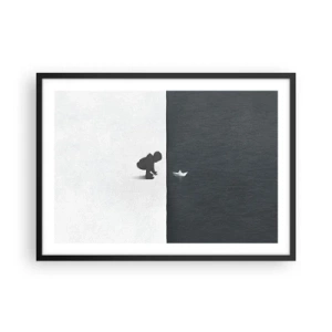 Plakat w czarnej ramie - Postać dziecka z papierową łódką na tle kontrastowych połówek - 70x50cm - Wielka wyprawa - Nowoczesna dekoracja ścienna do salonu i sypialni ARTTOR