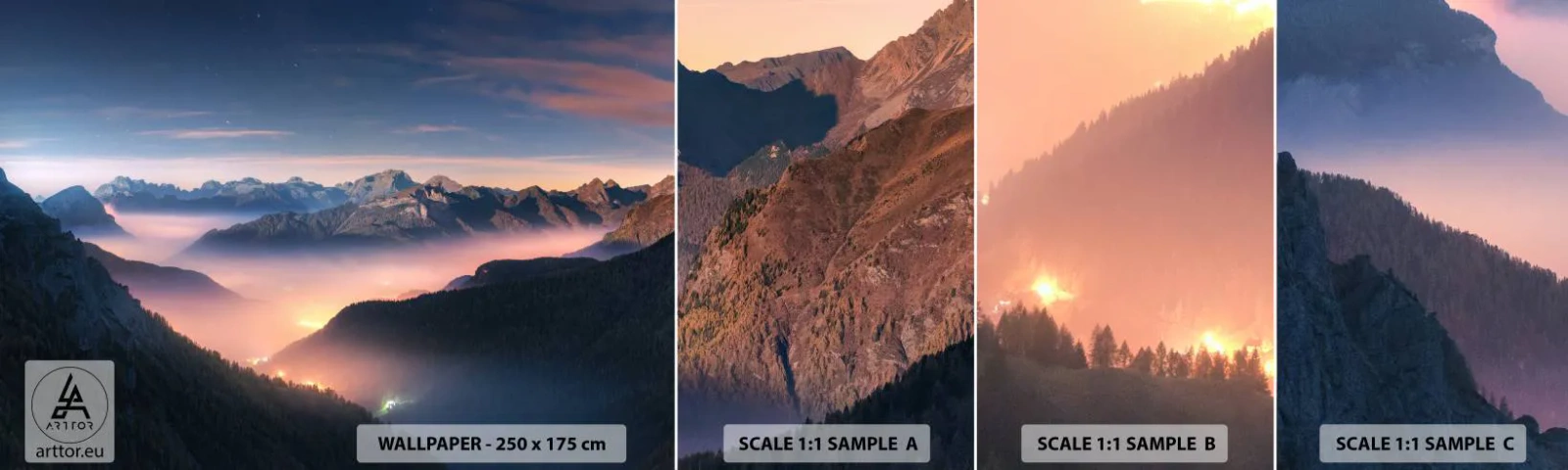 Fototapeta Próbka Samoprzylepna Deluxe Sticker - Światło w dolinach - Krajobraz, Góry, Las - 100x30 cm