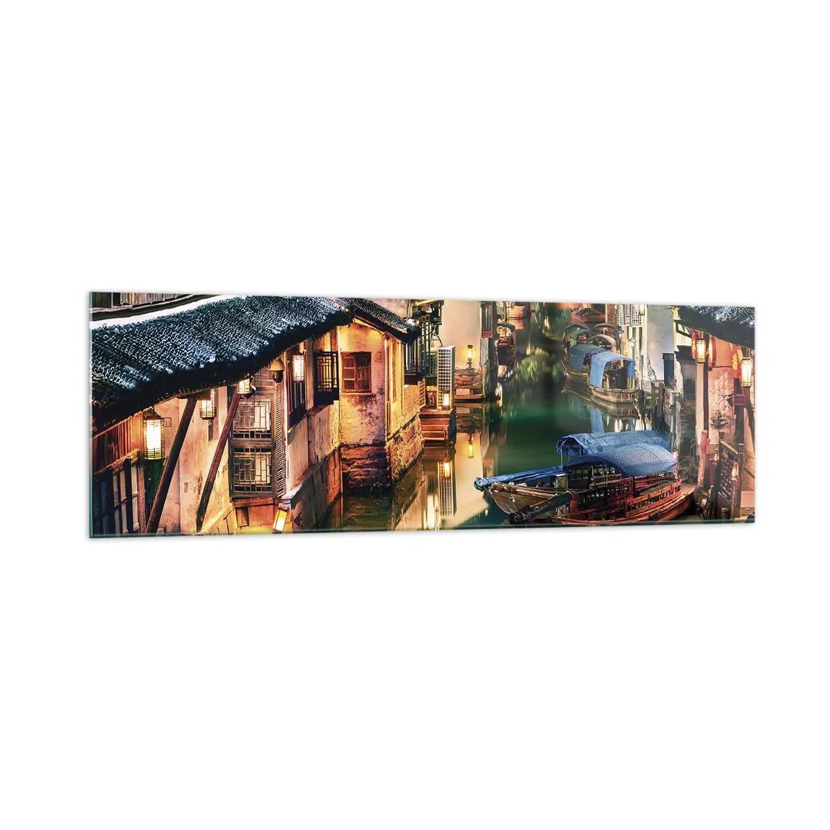 Obraz na szkle - Nocny widok na kanały z tradycyjnymi łodziami i domami - 160x50cm - Wieczór na chińskiej ulicy - Nowoczesna dekoracja ścienna do salonu i sypialni ARTTOR