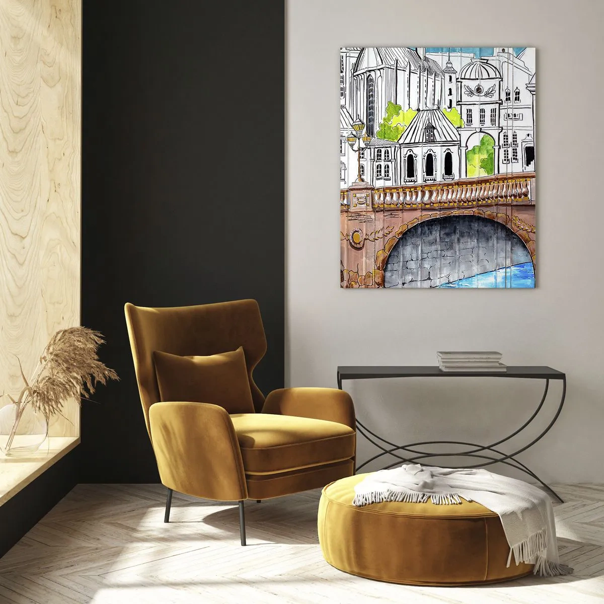Obraz na szkle - Most i architektura miejskiej zabudowy w formie szkicu akwarelowego - 50x70cm - Miasto jak malowane - Nowoczesna dekoracja ścienna do salonu, kuchni i sypialni ARTTOR