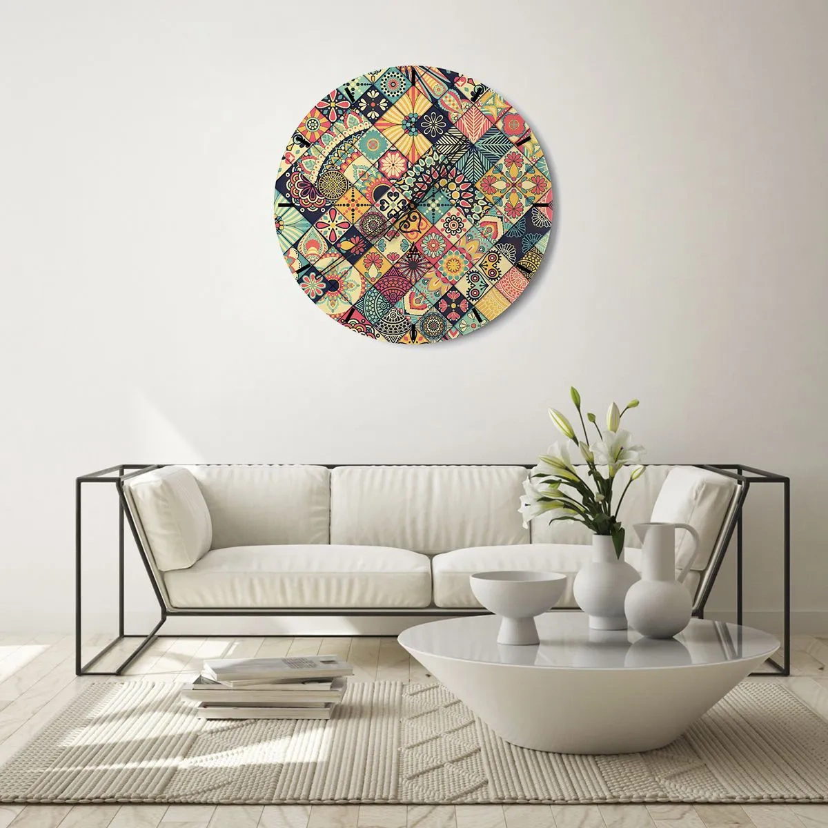 Zegar ścienny - Kolorowy motyw patchworkowy z geometrycznymi wzorami - 30x30cm - Marokańskie klimaty - Nowoczesna dekoracja ścienna do salonu, kuchni i sypialni ARTTOR