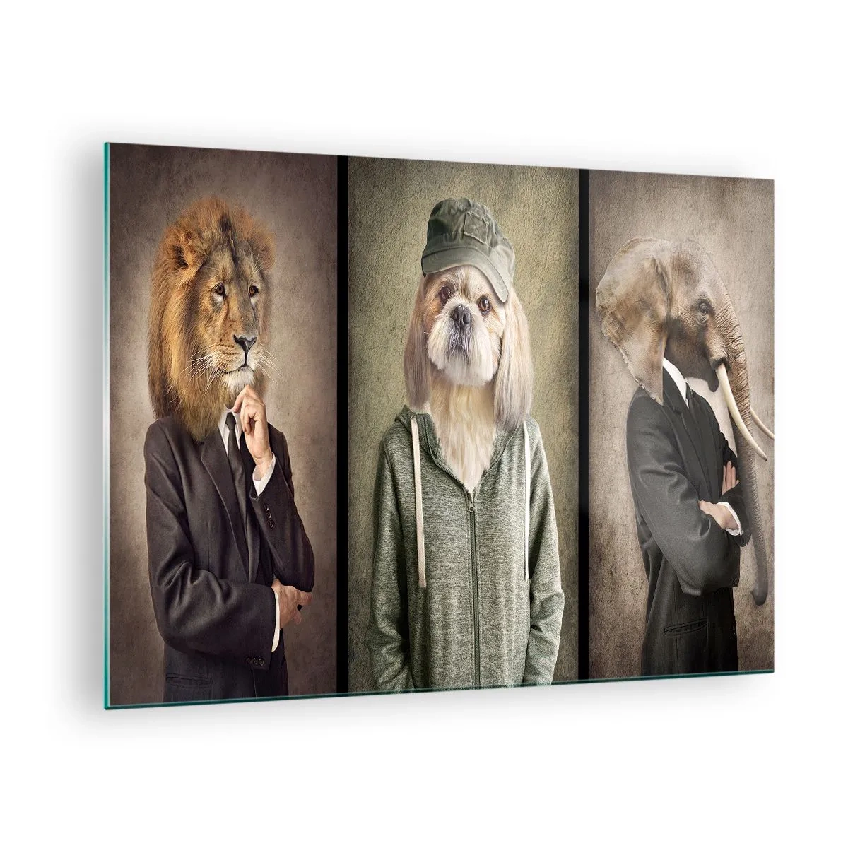 Obraz na szkle - Trzy zwierzęta w różnorodnych stylizacjach, od elegancji po casual - 70x50cm - Wolę luzik - Nowoczesna dekoracja ścienna do salonu i sypialni ARTTOR