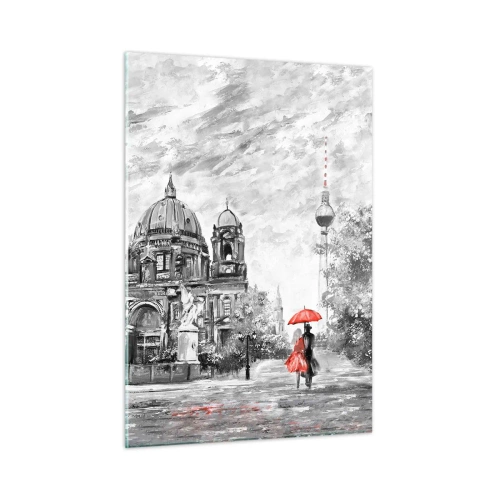 Obraz na szkle - Berlińska katedra z czerwonym akcentem w monochromatycznej tonacji - 50x70cm - Berlińskie spotkanie - Nowoczesna dekoracja ścienna do salonu, kuchni i sypialni ARTTOR