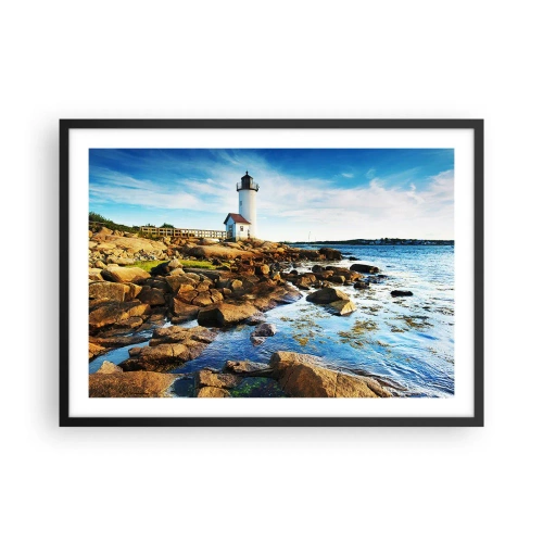 Plakat w czarnej ramie - Latarnia morska na skalistym wybrzeżu w słoneczny dzień - 70x50cm - Wracajcie szczęśliwie, czekam - Nowoczesna dekoracja ścienna do salonu i sypialni ARTTOR