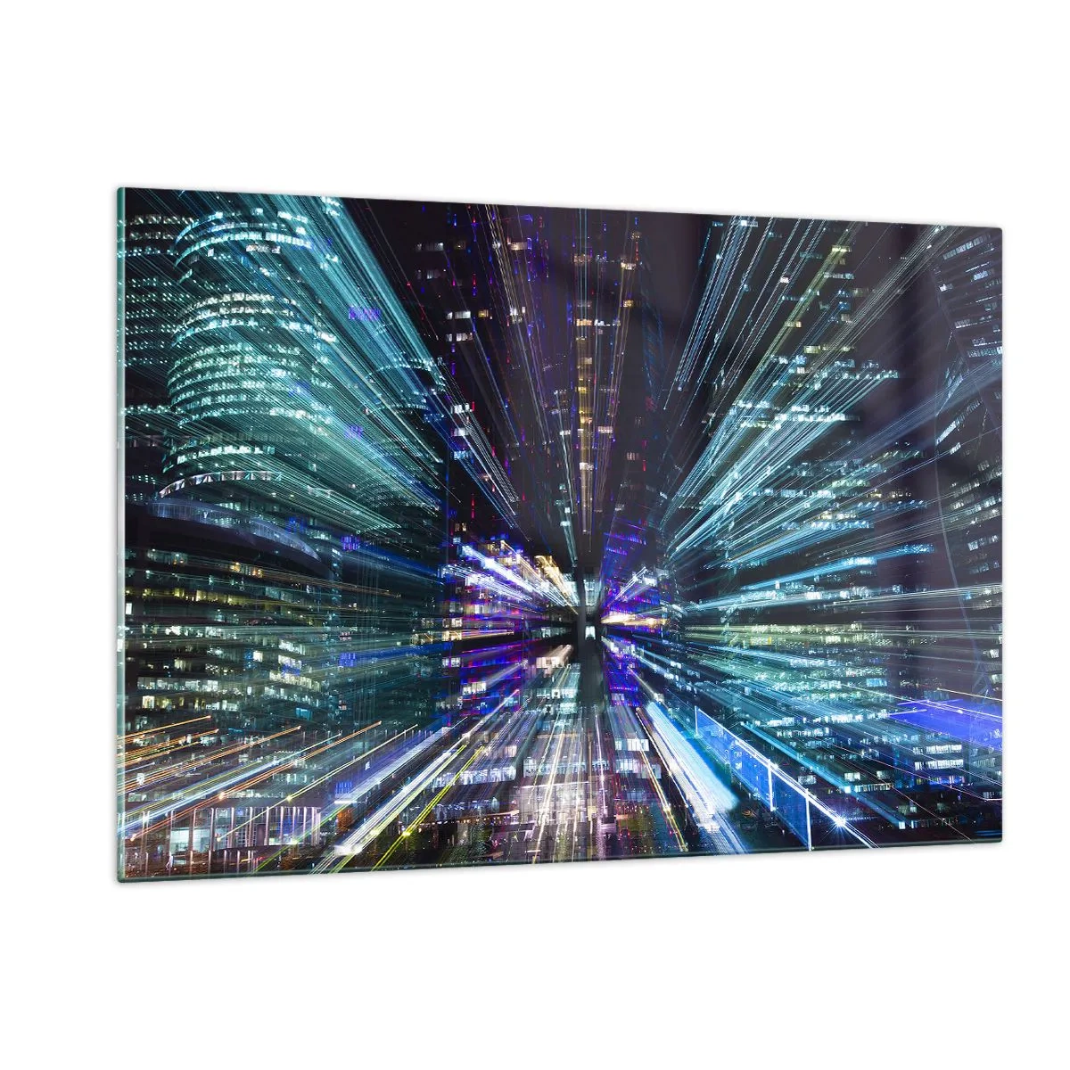 Obraz na szkle - Dynamiczne linie świetlne na tle nocnego miasta - 120x80cm - Przejście w nadprzestrzeń - Nowoczesna dekoracja ścienna do salonu, kuchni i sypialni ARTTOR