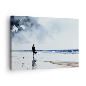 Obraz na płótnie - Postać na plaży w spokojnym otoczeniu morza - 70x50cm - Rozmowa z morzem - Nowoczesna dekoracja ścienna do salonu i sypialni ARTTOR