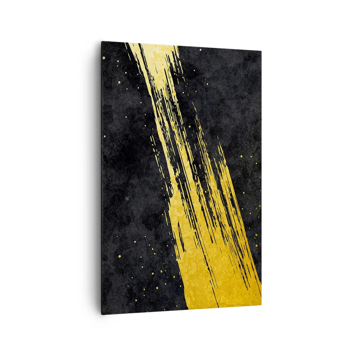 Obraz na płótnie - Czarne tło z dynamicznym złotym pociągnięciem pędzla - 80x120cm - Skok w nadprzestrzeń - Nowoczesna dekoracja ścienna do salonu i sypialni ARTTOR