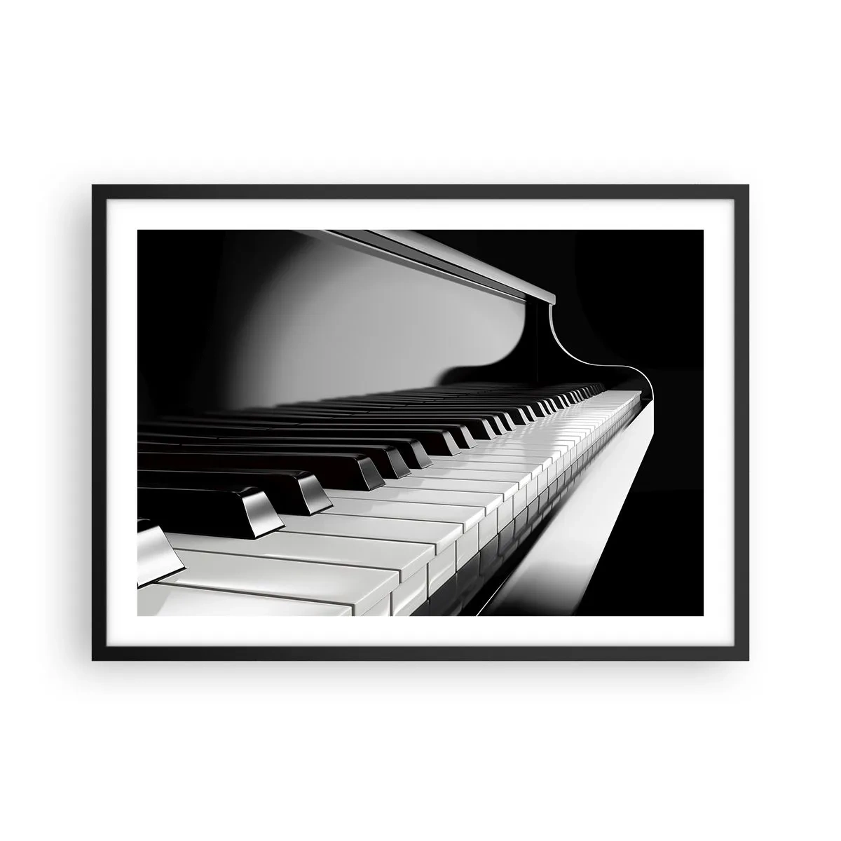 Plakat w czarnej ramie - Fortepianowe klawisze w eleganckim czarno-białym ujęciu - 70x50cm - Harmonia kształtów i barw - Nowoczesna dekoracja ścienna do salonu i sypialni ARTTOR