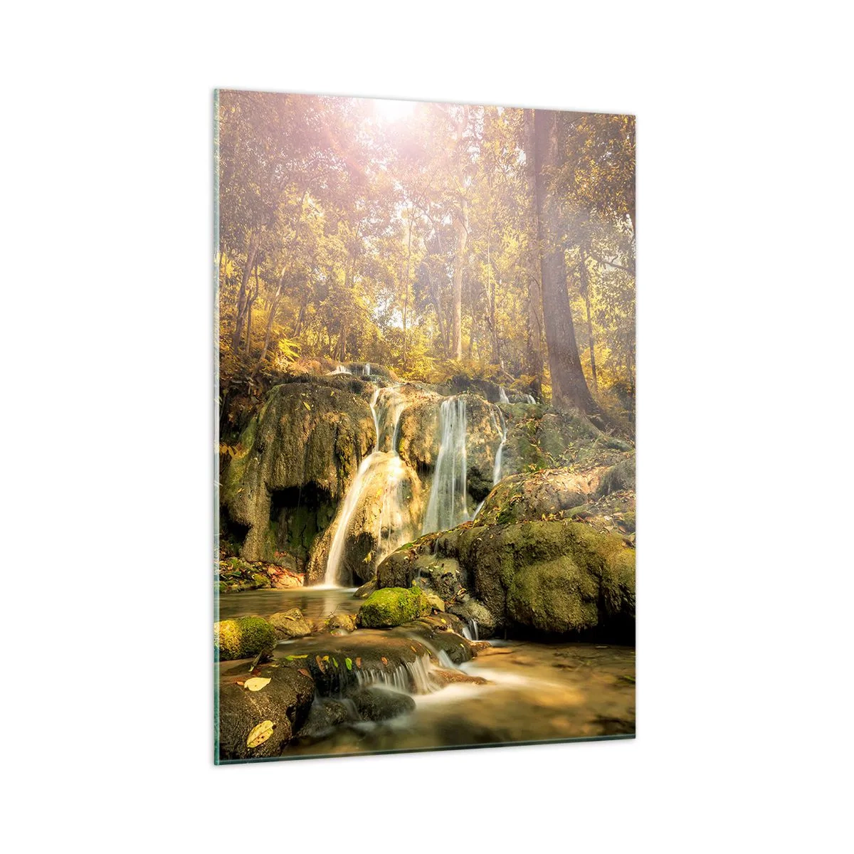 Obraz na szkle - Leśna kaskada w zieleni - 50x70cm - Leśna kaskada w zieleni - Nowoczesna dekoracja ścienna do salonu, kuchni i sypialni ARTTOR