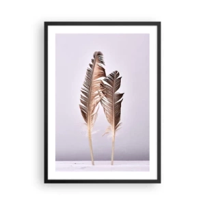 Plakat w czarnej ramie - Dwie brązowe pióra na jasnym tle w minimalistycznym stylu - 50x70cm - Przeciw nicości - Nowoczesna dekoracja ścienna do salonu i sypialni ARTTOR