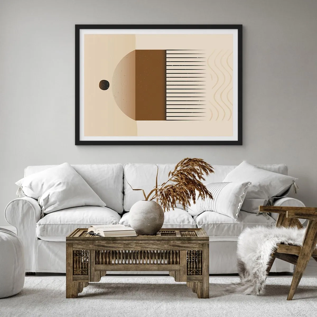 Plakat w czarnej ramie - Abstrakcyjna kompozycja geometryczna w beżach i brązach - 70x50cm - Różne stany - Nowoczesna dekoracja ścienna do salonu i sypialni ARTTOR