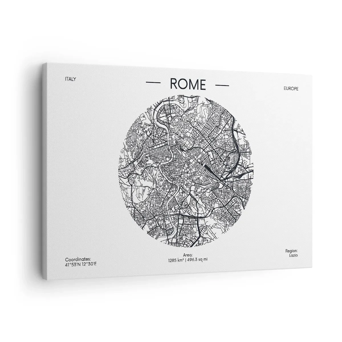 Obraz na płótnie - Mapa Rzymu w minimalistycznym, czarno-białym stylu - 70x50cm - Anatomia Rzymu - Nowoczesna dekoracja ścienna do salonu i sypialni ARTTOR