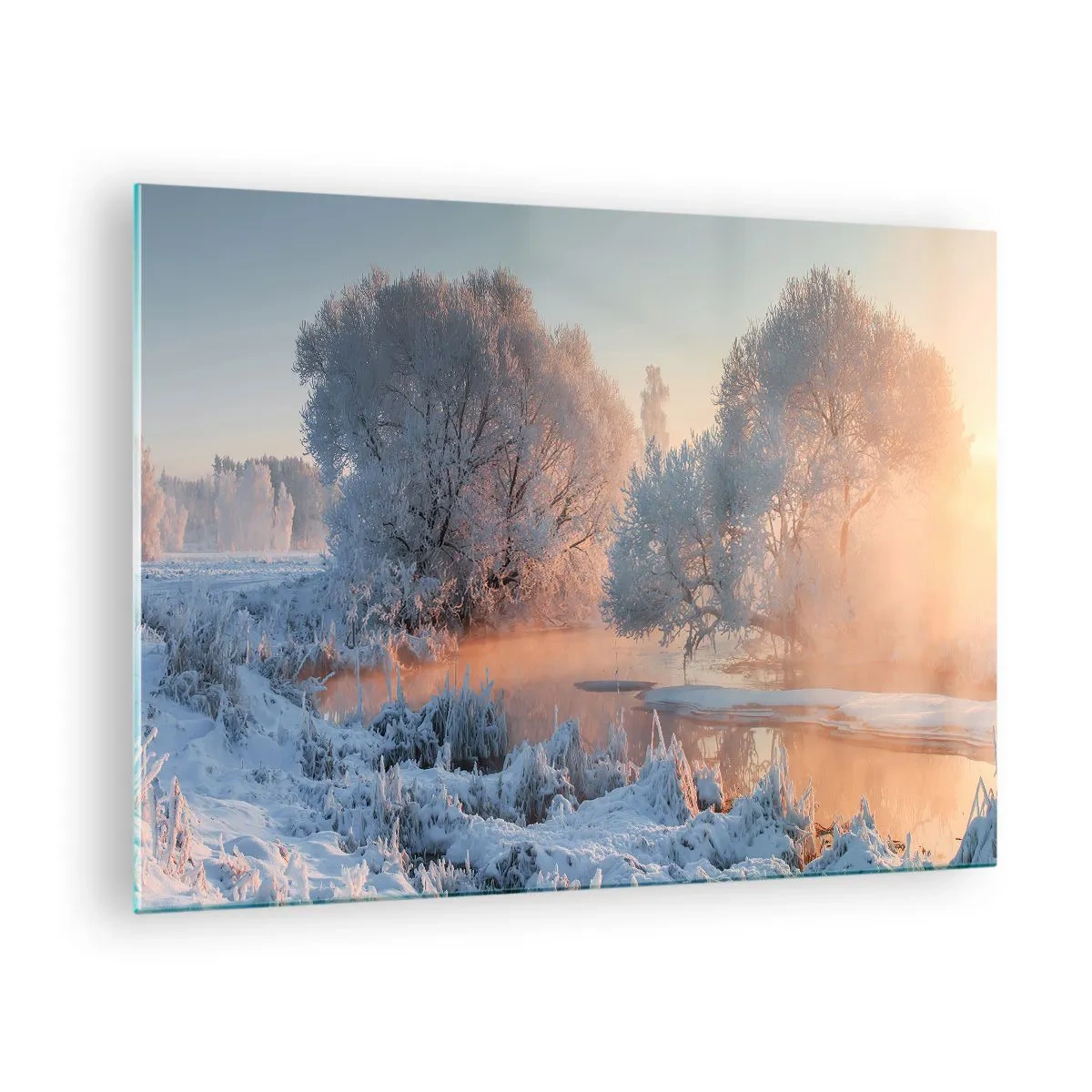 Obraz na szkle - Zimowy krajobraz z zamarzniętym jeziorem i mgłą o poranku - 70x50cm - Wszystko w słonecznym lśni krysztale - Nowoczesna dekoracja ścienna do salonu i sypialni ARTTOR