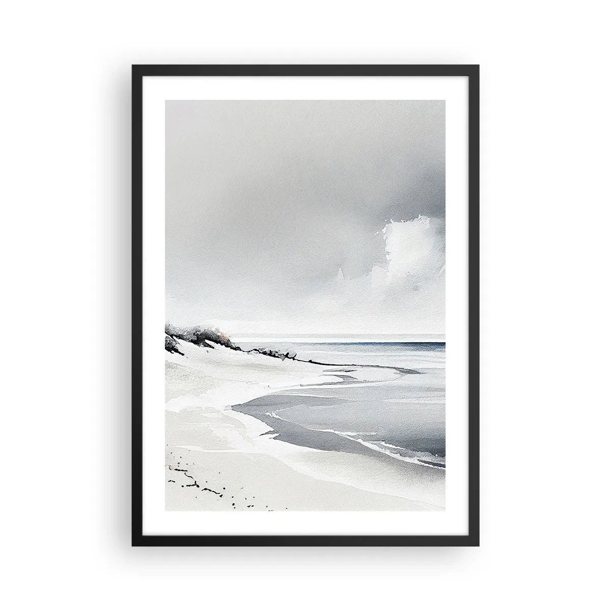 Plakat w czarnej ramie - Minimalistyczna plaża w odcieniach szarości - 50x70cm - Od zawsze razem - Nowoczesna dekoracja ścienna do salonu i sypialni ARTTOR