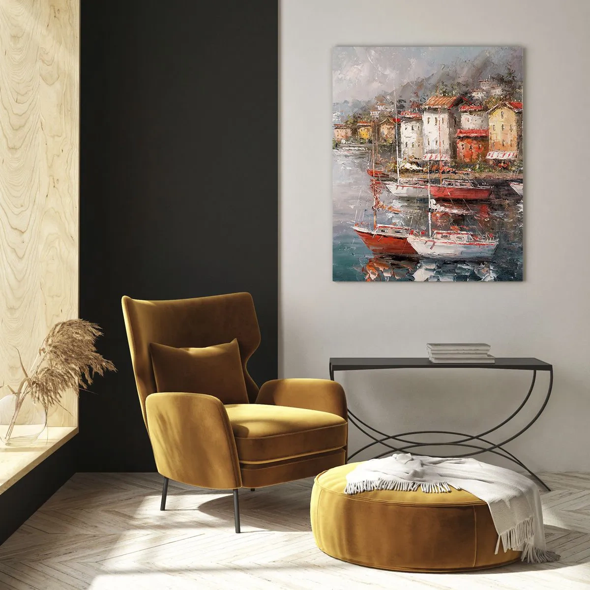 Obraz na szkle - Malowniczy port z żaglówkami i kolorowymi domkami - 50x70cm - Romantyczna przystań - Nowoczesna dekoracja ścienna do salonu, kuchni i sypialni ARTTOR