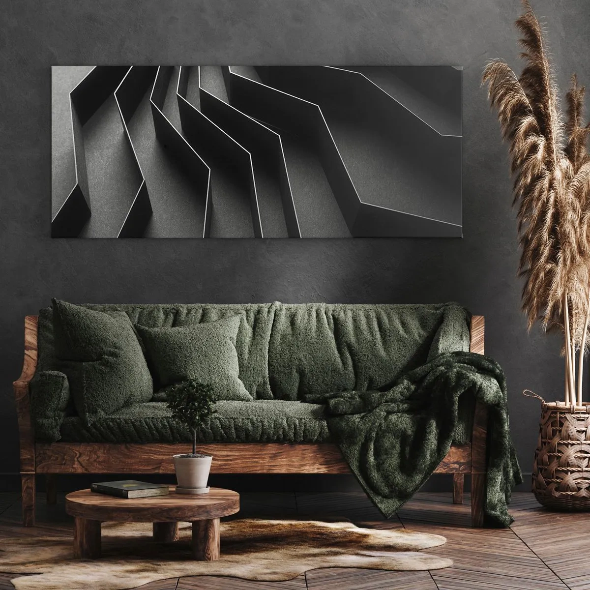 Obraz na płótnie - Czarno-biała abstrakcja z geometrycznymi strukturami - 160x50cm - Przestrzenny porządek - Nowoczesna dekoracja ścienna do salonu i sypialni ARTTOR