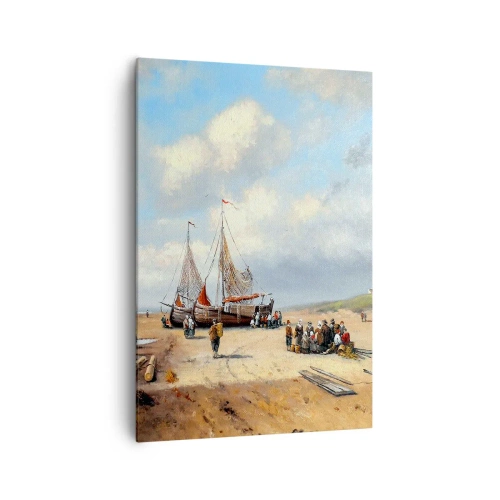 Obraz na płótnie - Rybackie łodzie na plaży z postaciami ludzi - 70x100cm - Po udanym połowie - Nowoczesna dekoracja ścienna do salonu i sypialni ARTTOR