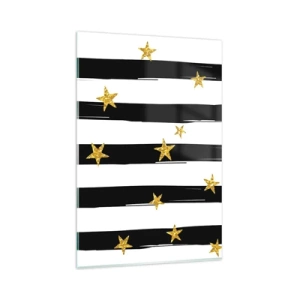 Obraz na szkle - Czarno-białe pasy z złotymi gwiazdkami - 80x120cm - Wszyscy urodziliśmy się pod szczęśliwą gwiazdą - Nowoczesna dekoracja ścienna do salonu i sypialni ARTTOR