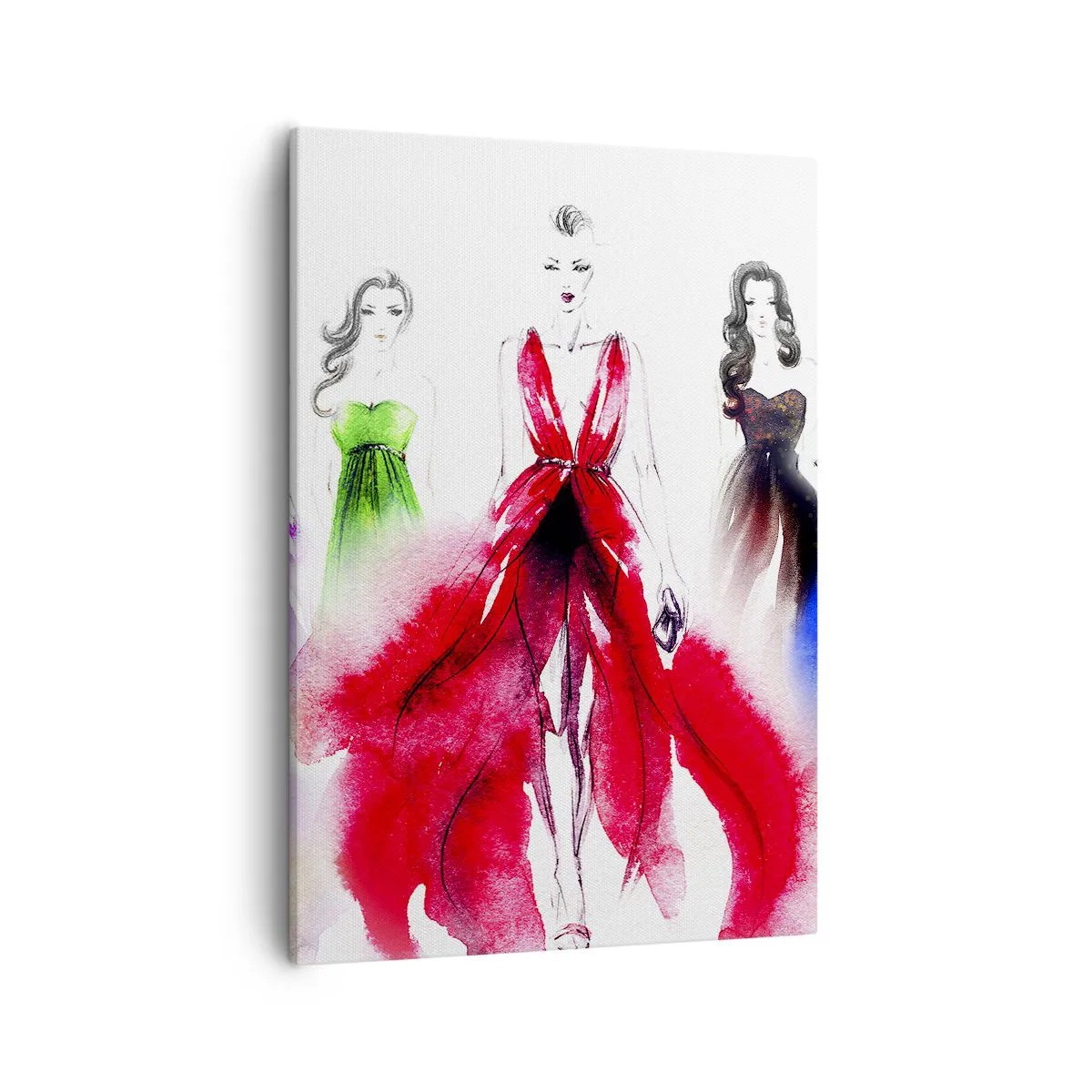 Obraz na płótnie - Ilustracja mody z trzema modelkami w kolorowych sukniach - 50x70cm - Nastroje na stroje - Nowoczesna dekoracja ścienna do salonu, kuchni i sypialni ARTTOR