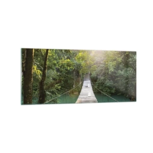 Obraz na szkle - Wiszący most w tropikalnym lesie oświetlony promieniami słońca - 120x50cm - Nad lazurową wodą do lazurowego lasu - Nowoczesna dekoracja ścienna do salonu i sypialni ARTTOR