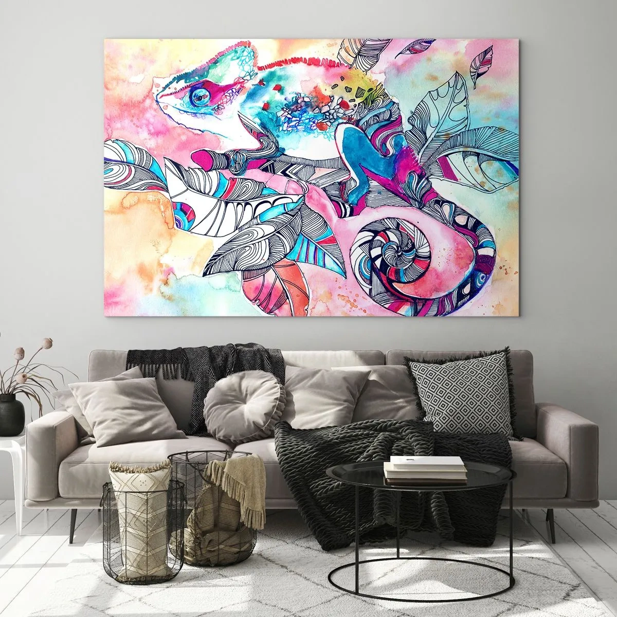 Obraz na szkle - Kolorowy chameleon wśród liści w stylu akwarelowym - 100x70cm - Kolorowy jak nasz świat - Nowoczesna dekoracja ścienna do salonu, kuchni i sypialni ARTTOR