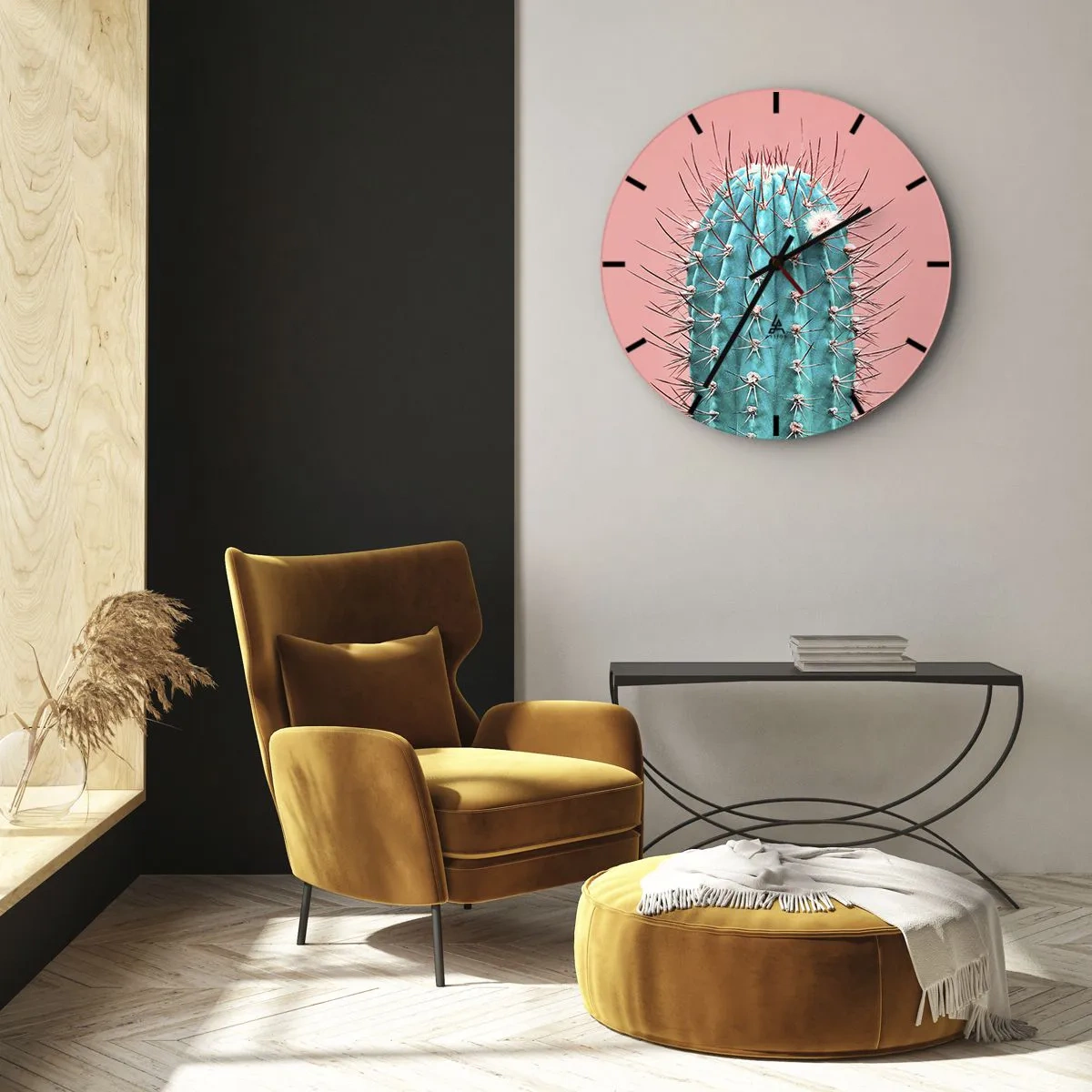 Zegar ścienny - Zbliżenie turkusowego kaktusa na różowym tle - 30x30cm - Tylko patrz - Nowoczesna dekoracja ścienna do salonu, kuchni i sypialni ARTTOR