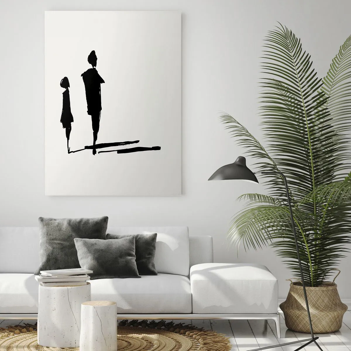 Obraz na szkle - Czarne sylwetki dwóch postaci z cieniem na jasnym tle - 50x70cm - Na pewno razem? - Nowoczesna dekoracja ścienna do salonu, kuchni i sypialni ARTTOR
