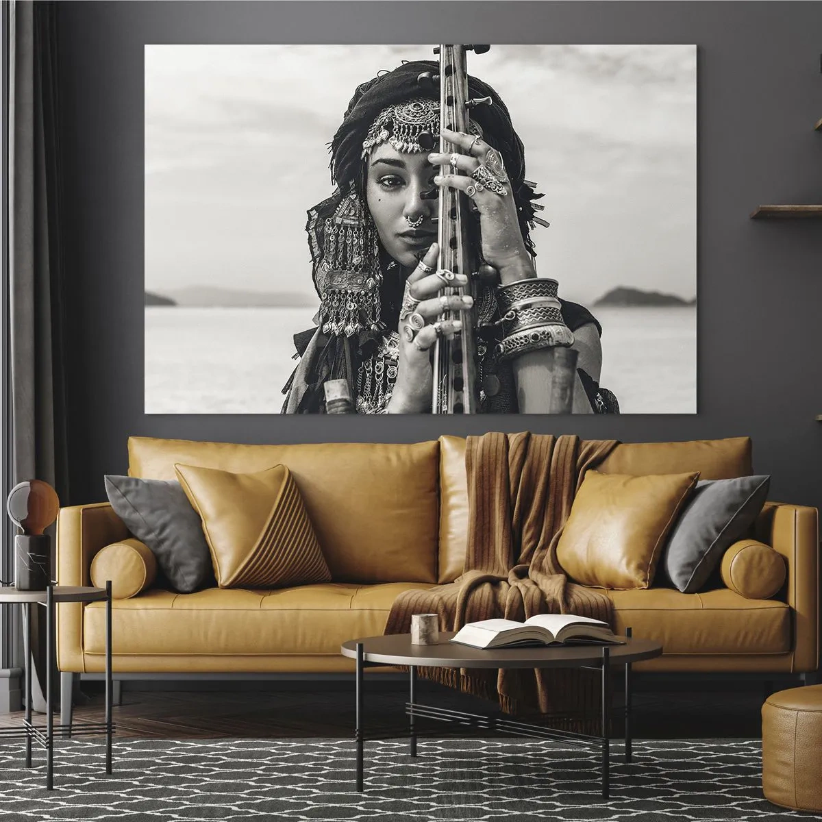 Obraz na szkle - Kobieta w orientalnej biżuterii z instrumentem - 100x70cm - Sama muzyka orientu - Nowoczesna dekoracja ścienna do salonu, kuchni i sypialni ARTTOR