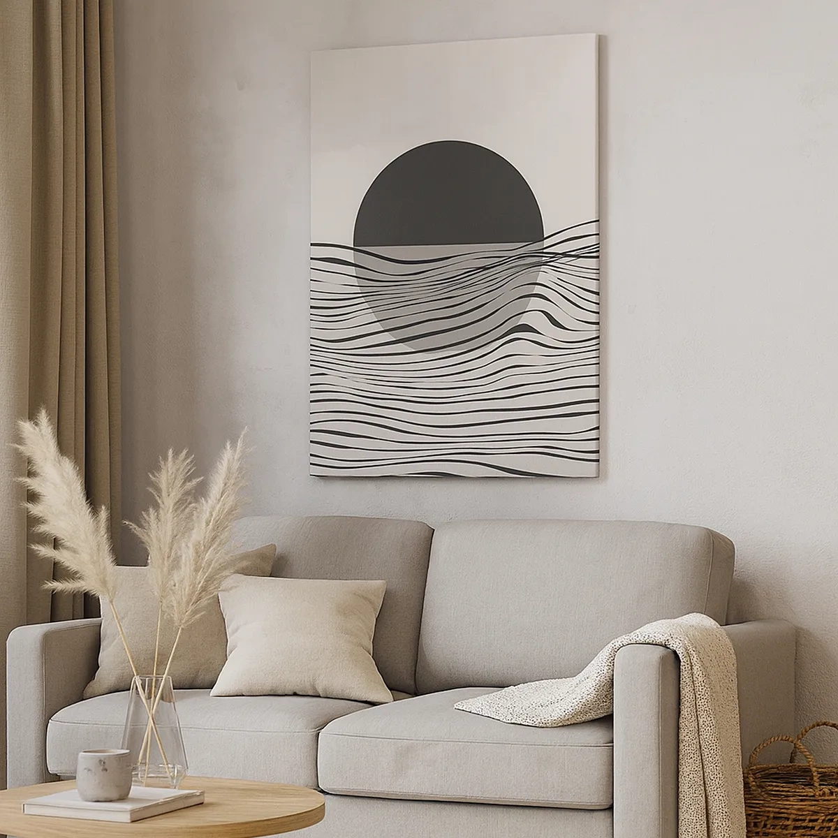 Obraz na płótnie - Abstrakcyjna kompozycja czarnego koła i falistych linii na jasnym tle - 50x70cm - Kompozycja połowiczna - Nowoczesna dekoracja ścienna do salonu, kuchni i sypialni ARTTOR