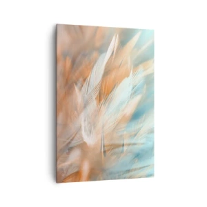 Obraz na płótnie - Delikatne pióra w pastelowych odcieniach błękitu i pomarańczu - 70x100cm - W krainie łagodności - Nowoczesna dekoracja ścienna do salonu i sypialni ARTTOR