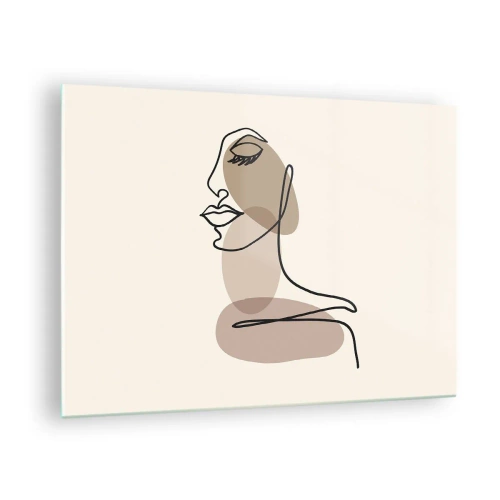 Obraz na szkle - Portret kobiecej twarzy w minimalistycznym, abstrakcyjnym stylu - 70x50cm - Zasłuchana w siebie - Nowoczesna dekoracja ścienna do salonu i sypialni ARTTOR