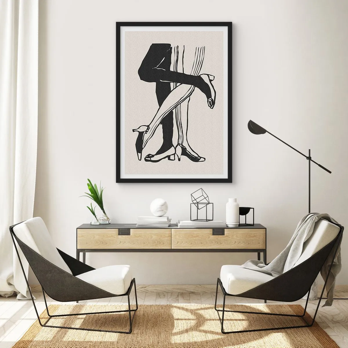 Plakat w czarnej ramie - Czarno-biała ilustracja splecionych nóg w tańcu - 50x70cm - Kobiecy atrybut - Nowoczesna dekoracja ścienna do salonu i sypialni ARTTOR