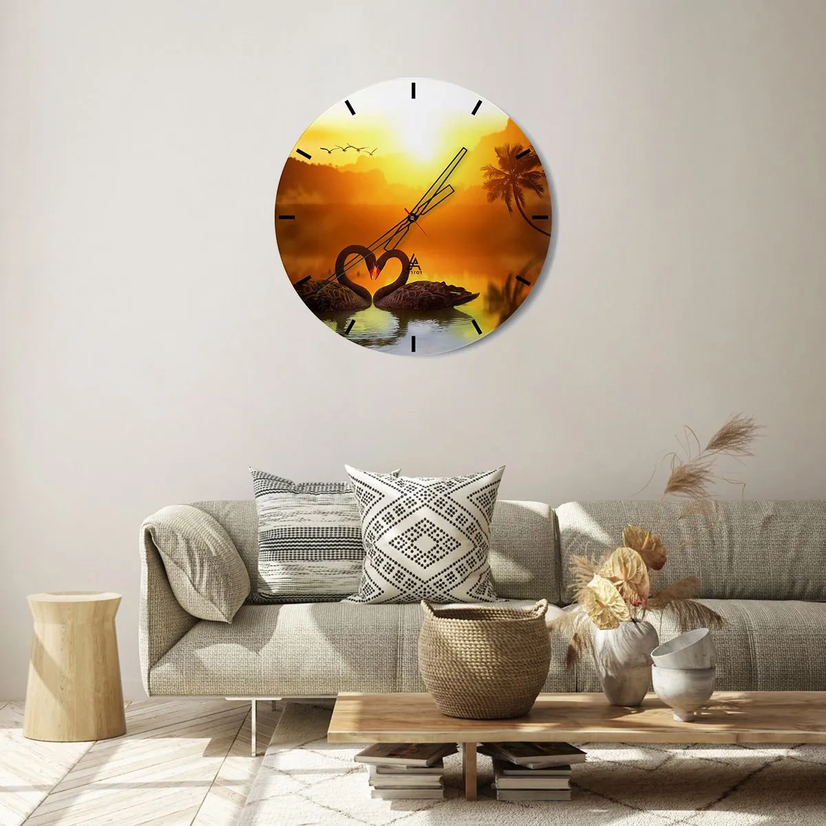 Zegar ścienny - Dwa czarne łabędzie na jeziorze o zachodzie słońca - 30x30cm - Wszystko do pary - Nowoczesna dekoracja ścienna do salonu, kuchni i sypialni ARTTOR