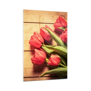 Obraz na szkle - Bukiet różowych tulipanów na drewnianym tle - 80x120cm - Wiosenne wyznanie - Nowoczesna dekoracja ścienna do salonu i sypialni ARTTOR