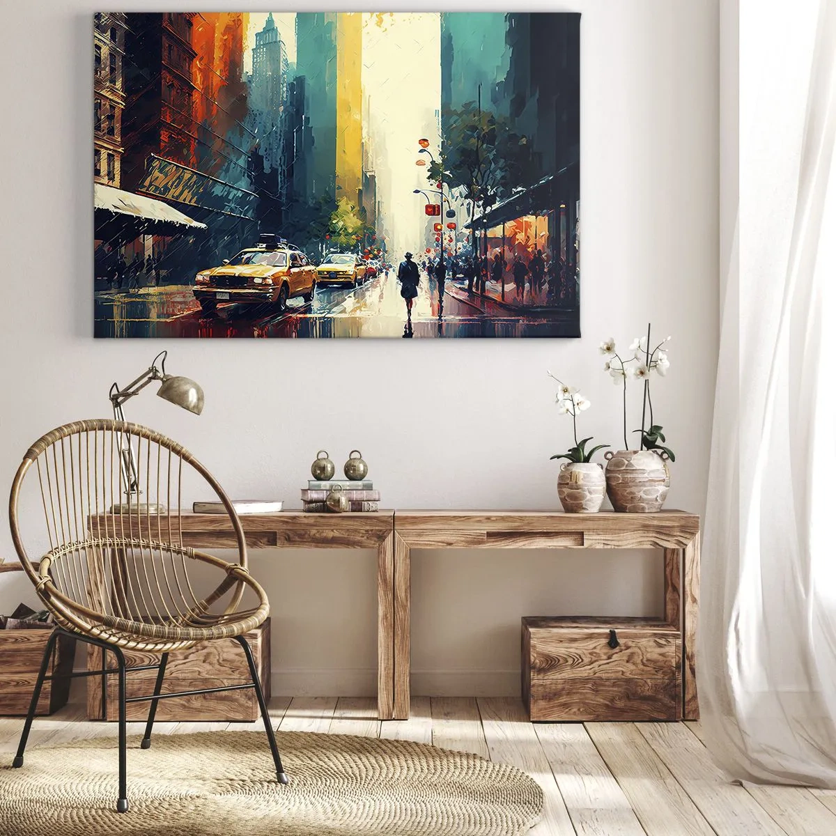 Obraz na płótnie - Tętniące życiem miasto z taksówkami i przechodniami - 70x50cm - Nowy Jork – tu nawet deszcz jest kolorowy - Nowoczesna dekoracja ścienna do salonu i sypialni ARTTOR