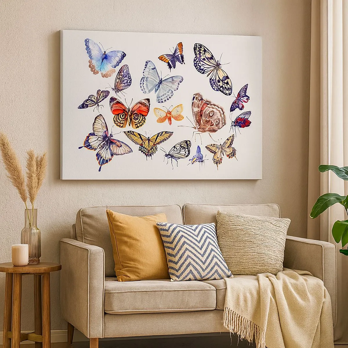 Obraz na płótnie - Kolorowe motyle na białym tle - 70x50cm - Koronkowy, barwny rój - Nowoczesna dekoracja ścienna do salonu i sypialni ARTTOR