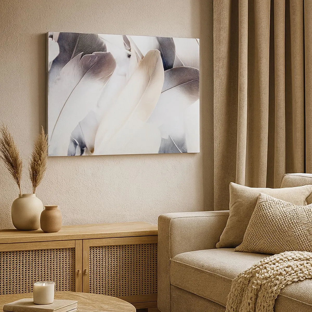 Obraz na płótnie - Zbliżenie na delikatne pióra w odcieniach bieli i szarości - 70x50cm - Niemal anielskie - Nowoczesna dekoracja ścienna do salonu i sypialni ARTTOR