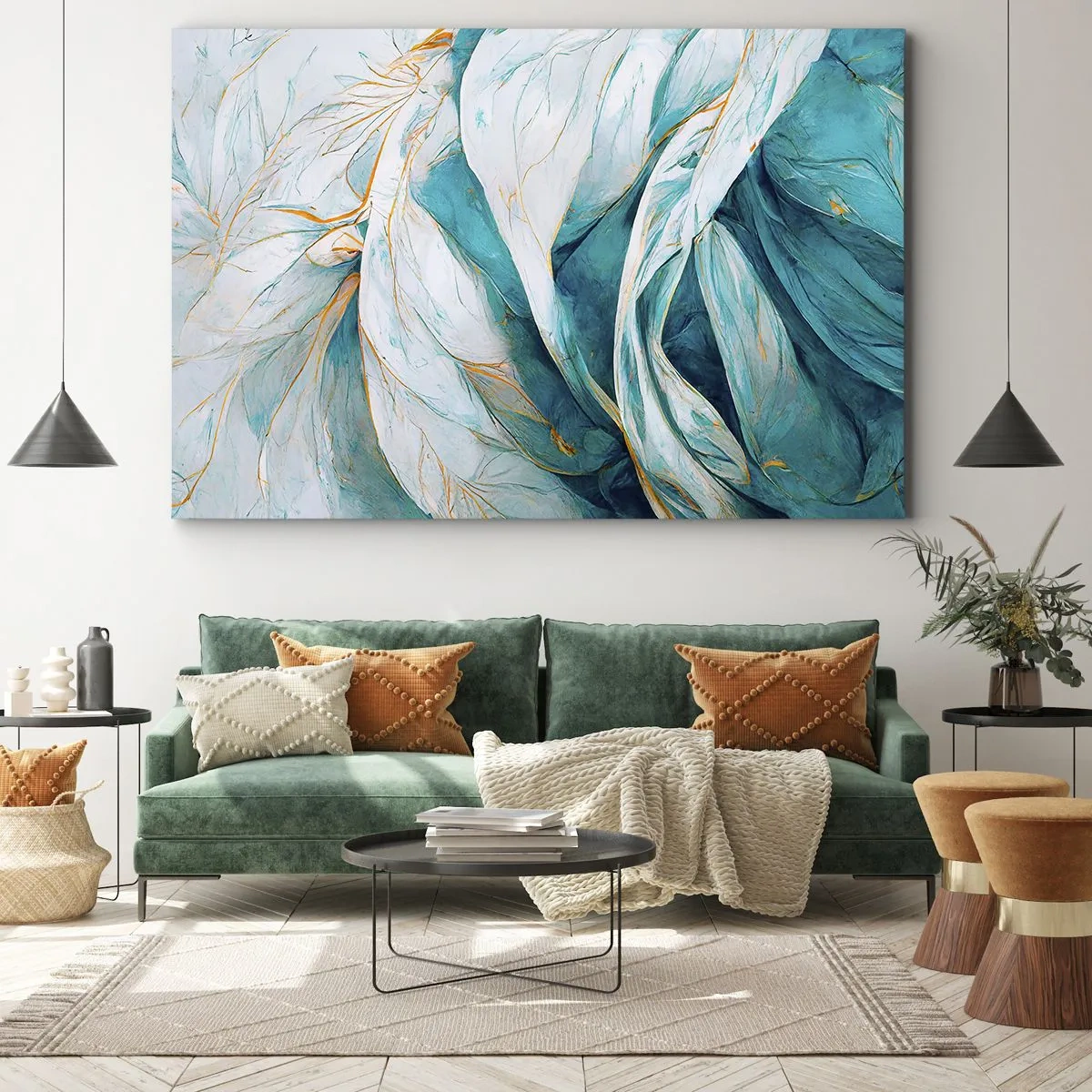 Obraz na płótnie - Abstrakcyjne błękitne liście ze złotymi detalami - 70x50cm - Błękitna abstrakcja z motywem złota - Nowoczesna dekoracja ścienna do salonu i sypialni ARTTOR