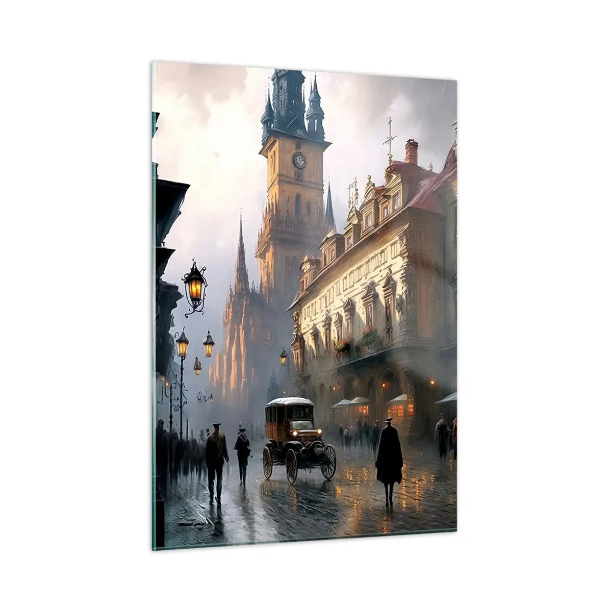 Obraz na szkle - Zabytkowa ulica oświetlona latarniami o zmierzchu - 50x70cm - Czar praskiego wieczoru - Nowoczesna dekoracja ścienna do salonu, kuchni i sypialni ARTTOR