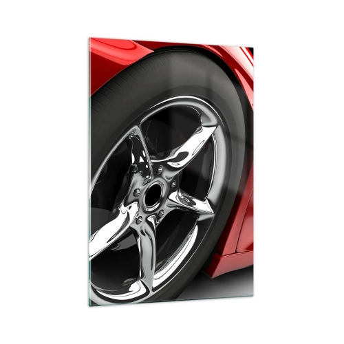 Obraz na szkle - Czerwony sportowy samochód z chromowanym kołem - 70x100cm - Stworzony do szybkości - Nowoczesna dekoracja ścienna do salonu i sypialni ARTTOR