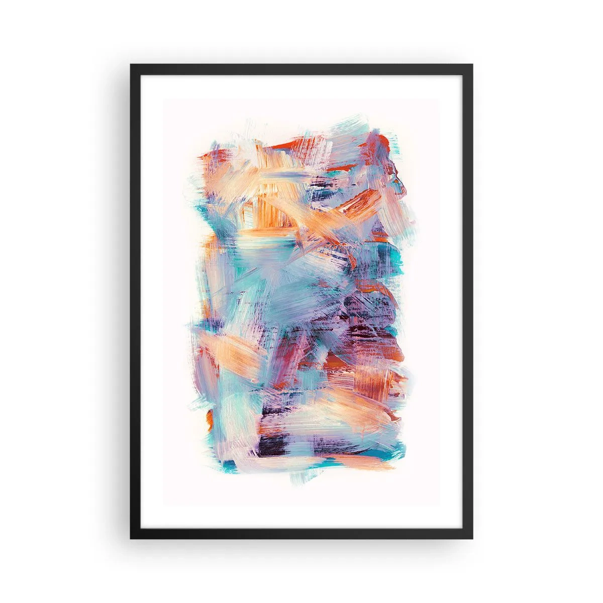Plakat w czarnej ramie - Ekspresyjna abstrakcja w odcieniach pomarańczu i błękitu - 50x70cm - Kolorowy bałagan - Nowoczesna dekoracja ścienna do salonu i sypialni ARTTOR