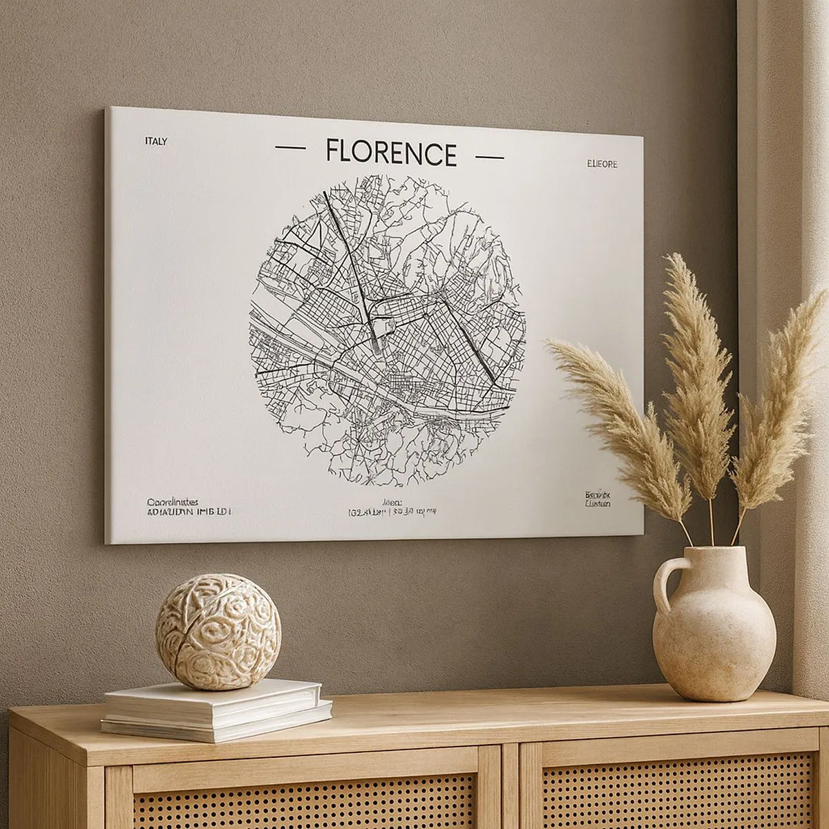 Obraz na płótnie - Mapa Florencji w minimalistycznym, czarno-białym stylu - 70x50cm - Anatomia Florencji - Nowoczesna dekoracja ścienna do salonu i sypialni ARTTOR