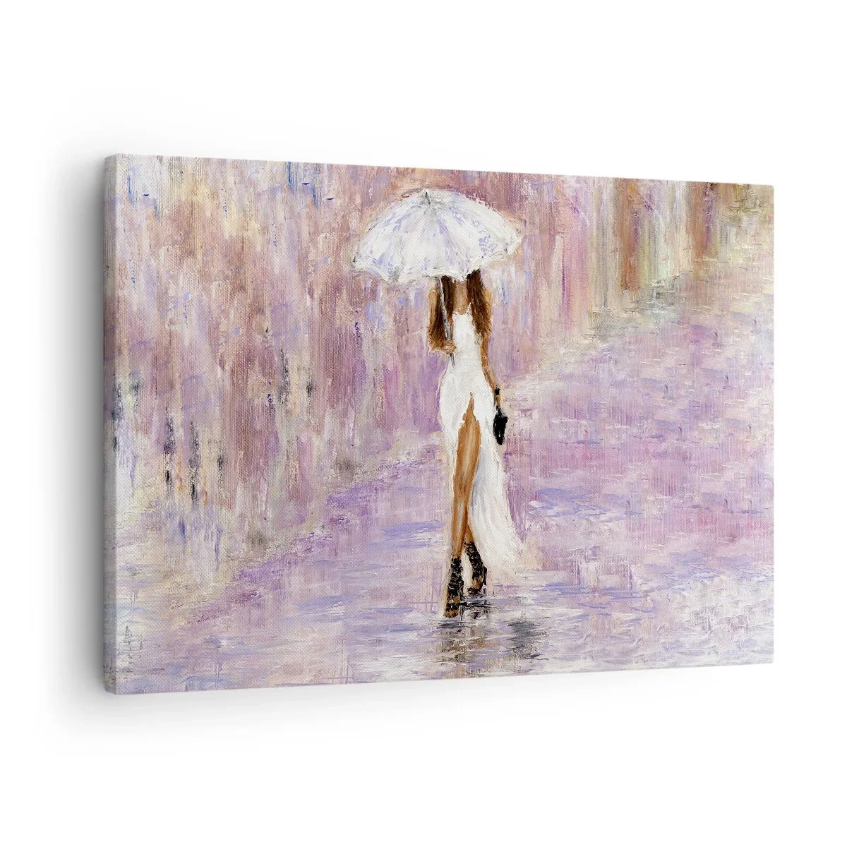 Obraz na płótnie - Kobieta z parasolką spacerująca w deszczu w liliowych tonacjach - 70x50cm - W liliowym deszczu - Nowoczesna dekoracja ścienna do salonu i sypialni ARTTOR