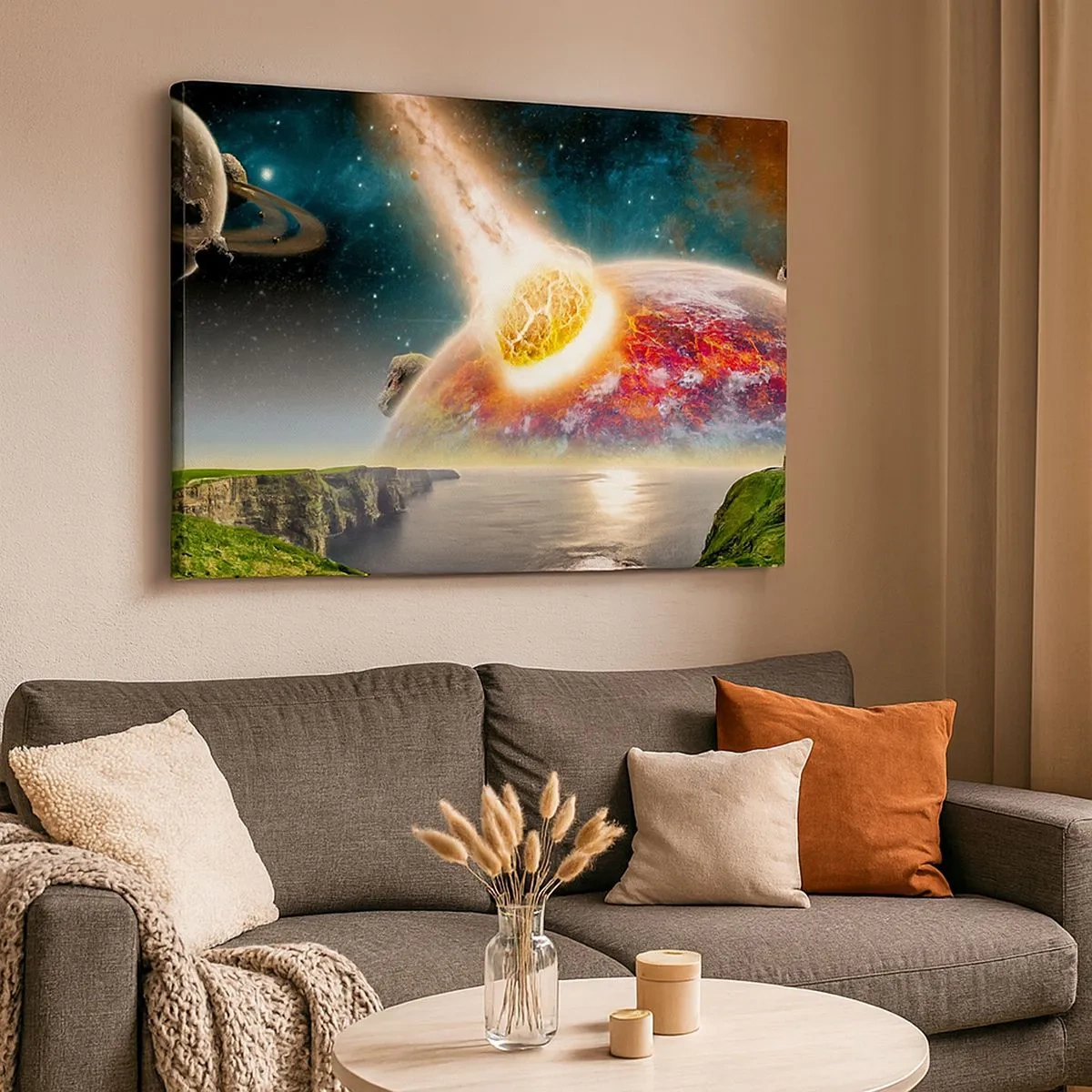 Obraz na płótnie - Zderzenie meteorytu z planetą w kosmicznym krajobrazie - 70x50cm - Kosmiczny dramat - Nowoczesna dekoracja ścienna do salonu i sypialni ARTTOR