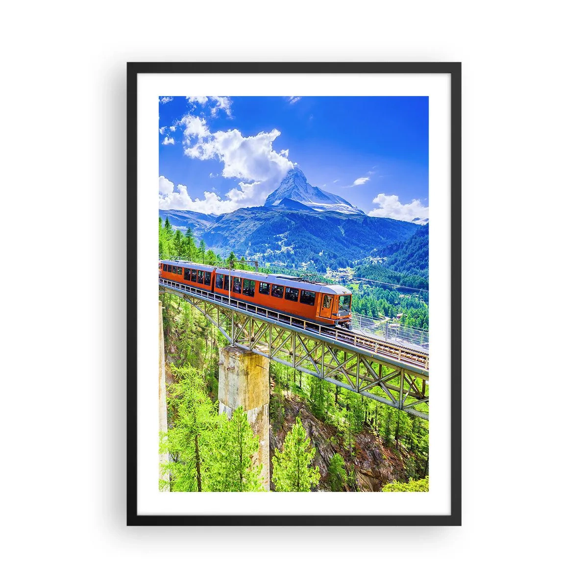 Plakat w czarnej ramie - Pociąg na moście w Alpach z widokiem na górę Matterhorn - 50x70cm - Kolej na Alpy - Nowoczesna dekoracja ścienna do salonu i sypialni ARTTOR