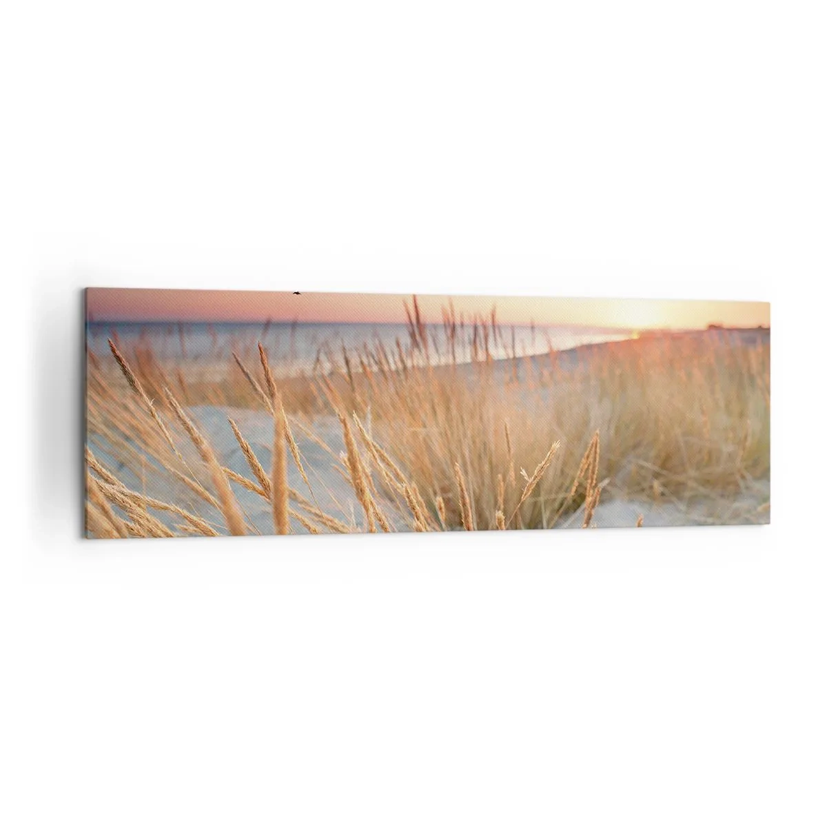 Obraz na płótnie - Plaża o zachodzie słońca z wysokimi trawami - 160x50cm - Bałtycka kołysanka - Nowoczesna dekoracja ścienna do salonu i sypialni ARTTOR