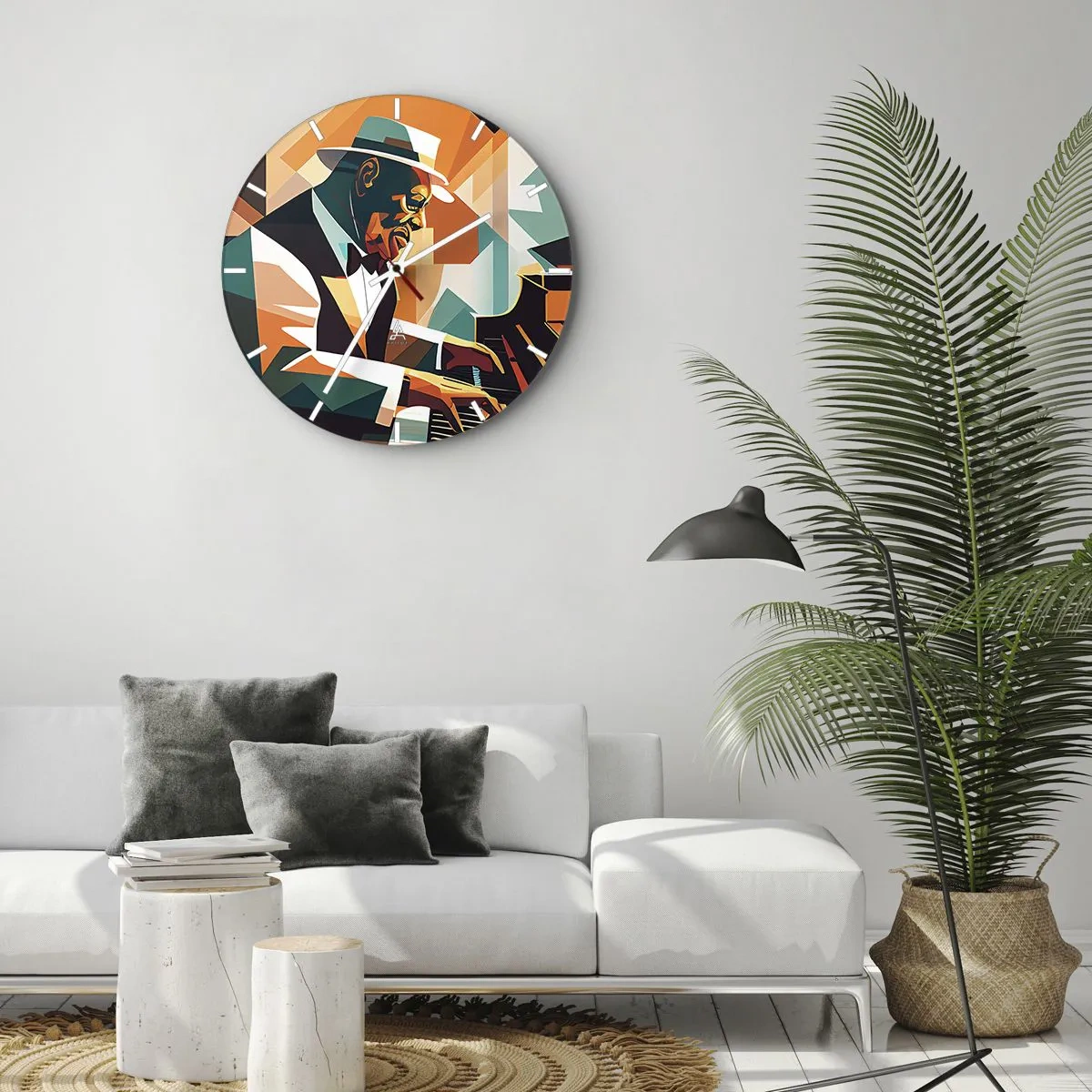 Zegar ścienny - Jazzowy muzyk przy fortepianie w geometrycznym stylu - 30x30cm - Cały ten jazz - Nowoczesna dekoracja ścienna do salonu, kuchni i sypialni ARTTOR