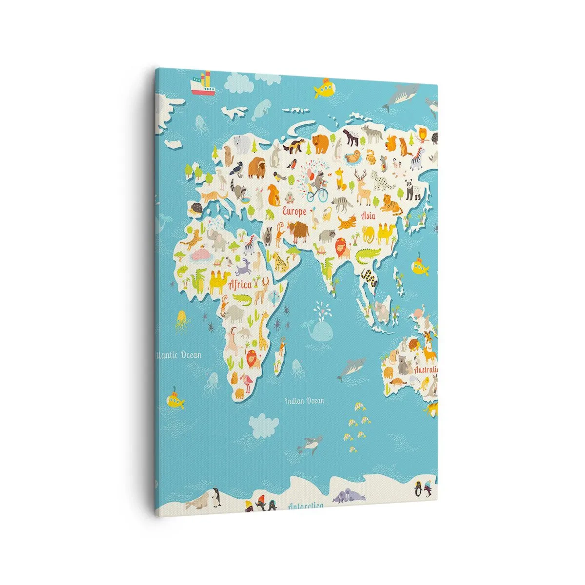 Obraz na płótnie - Mapa świata z ilustracjami zwierząt - 50x70cm - Kochamy cały świat - Nowoczesna dekoracja ścienna do salonu, kuchni i sypialni ARTTOR
